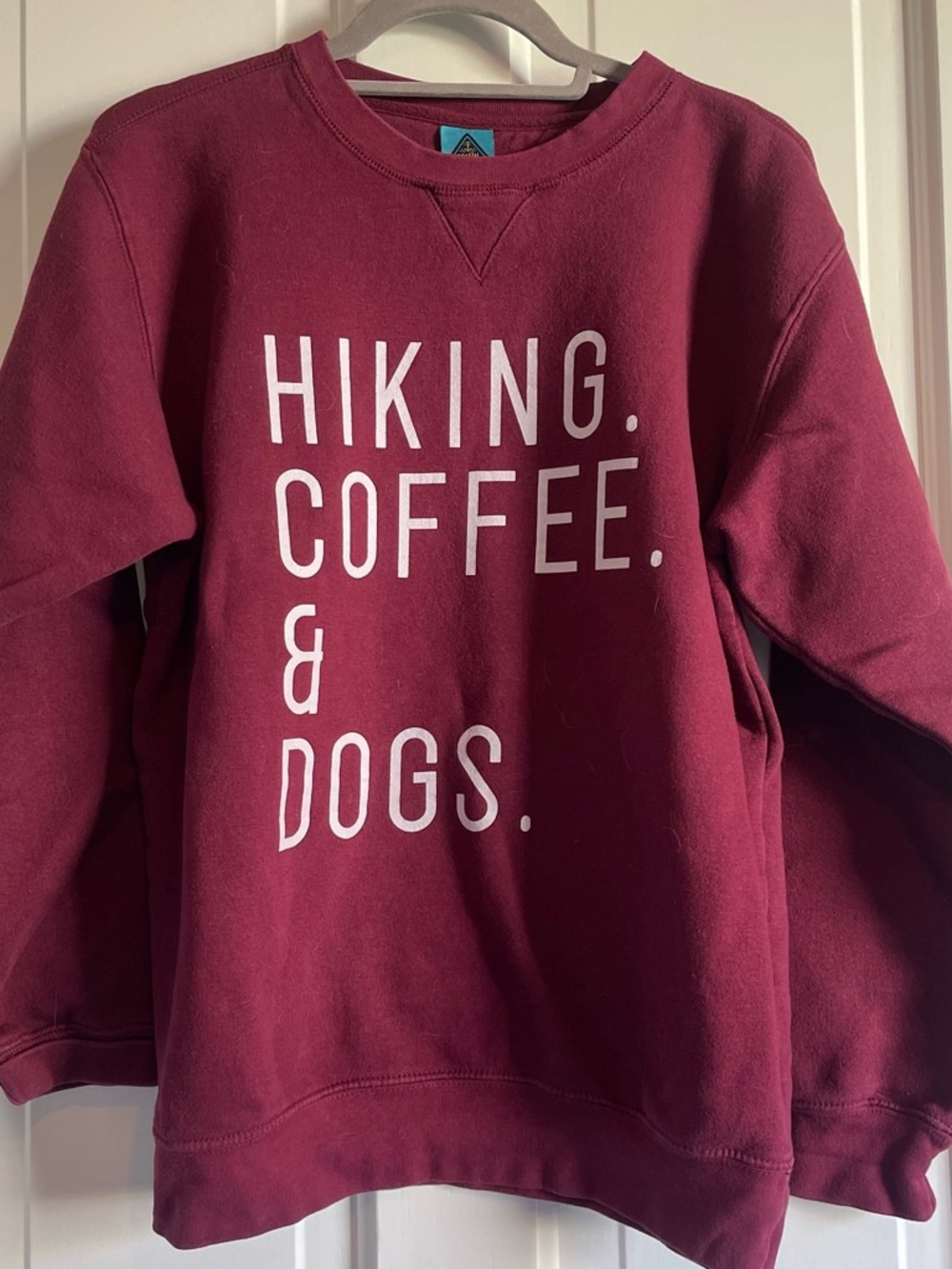 Men's Burgundy Graphic Crewneck Sweatshirt - Hiking Coffee & Dogs